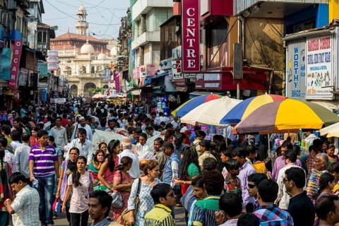 Crowded street with shops at Mangaldas Market