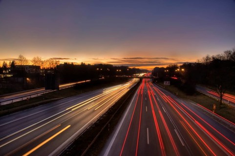 A96 motorway at dusk with light trails of moving cars