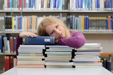Student studying in the departmental library of the University of Hohenheim in Schloss Hohenheim Palace