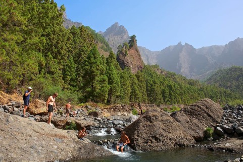 Playa de Taburiente and the rock formation Roque del Huso in the Parque Nacional de la Caldera de Taburiente National Park