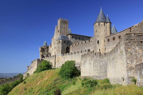 Towers and entrance gate Port d'Aude of the medieval fortress of Carcassonne