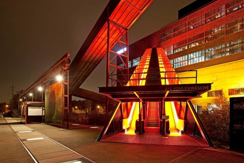 Illuminated gangway to the Ruhr Museum at the Zeche Zollverein Coal Mine Shaft XII