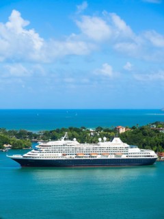 The luxury cruise ship Prinsendamm moored at the Pointe Seraphine cruise ship terminal