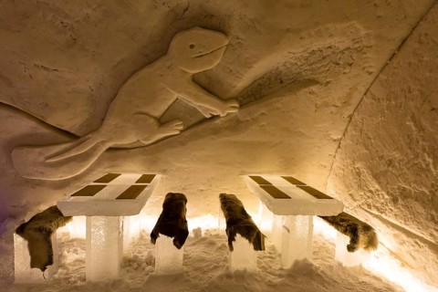 Tables and benches made of ice