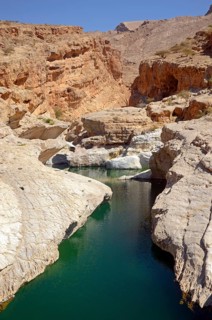 A pool filled with green water surrounded by the rocks of the desert