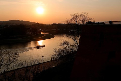 Sunset with boat on the Vistula River