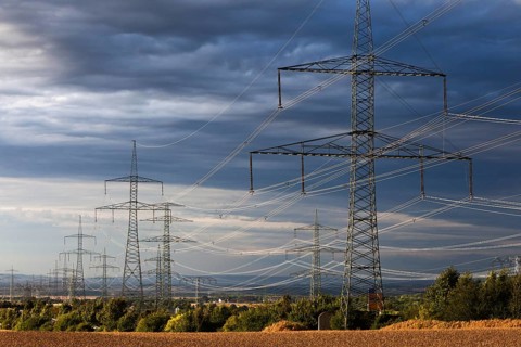 Newly erected high-voltage pylons of the South-West Interconnector of the transmission system operator 50 Hertz