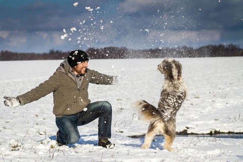 A man and his dog are playing in the snow on a field near Wustermark