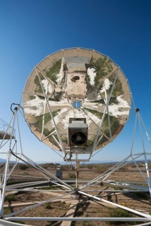 Reflections in the mirror of a so-called Stirling dish while it is set up to generate energy at a solar energy field in the Tabernas Desert