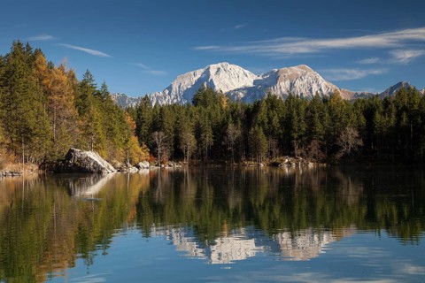 Alpine landscape with Hoher Goll Mountain at Lake Hintersee