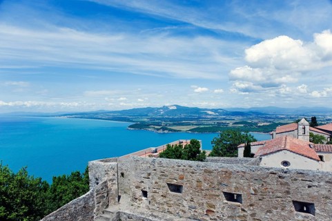 View from Torre di Populonia of Populonia Castle and the Gulf of Baratti