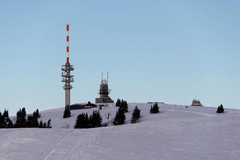 Summit of Feldberg Mountain with a radio tower and a weather station