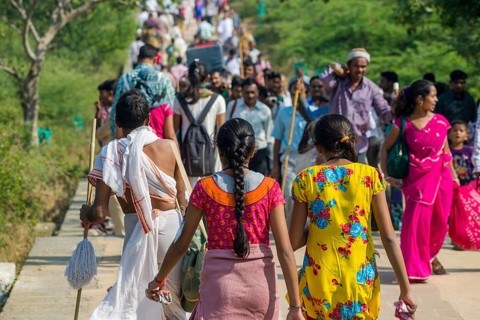 Jain pilgrims walking up Mount Shatrunjaya