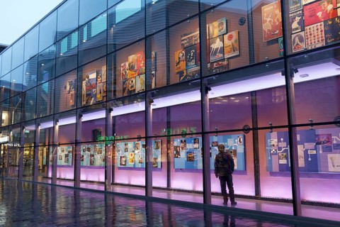 Glass gallery with historical advertising posters