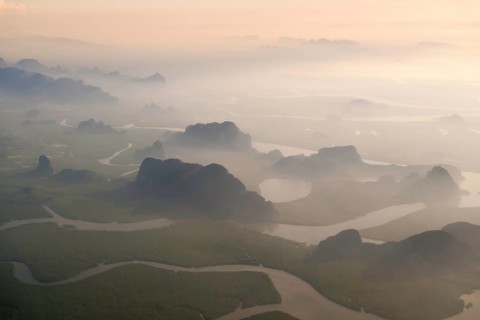 Aerial view of Malacca Bay between the island of Phuket and the mainland of the Malay peninsula in the south of Thailand