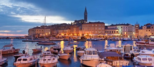 Harbour and historic town centre with the tower of the Parish Church of St. Euphemia