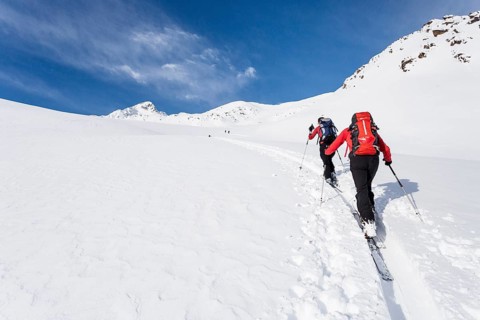 Ski tourers climbing Stotz mountain