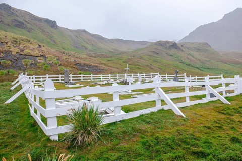 The cemetery of the former Stromness whaling station with the grave of the polar explorer Ernest Shackleton