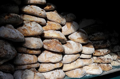 Stack of freshly baked bread at the annual All Saints Market in Cocentaina