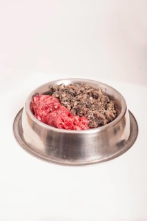Dog bowl with two kinds of raw meat