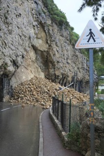 Rockfall after heavy rains on the road between Monaco and Roquebrune Cap Martin