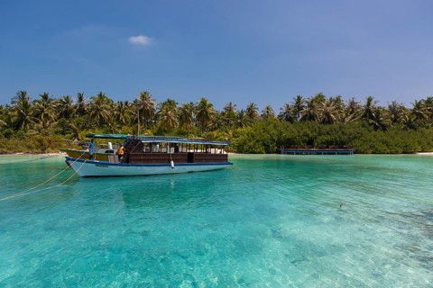 Boat in front of a Maldives island
