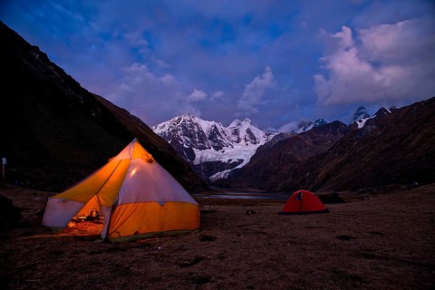 Tent camp at lake Laguna Jahuacocha at dusk