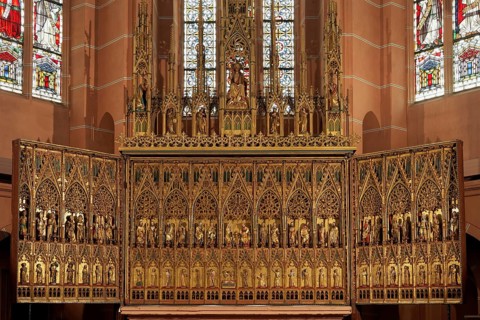 Gothic winged altar with wood carvings and figures