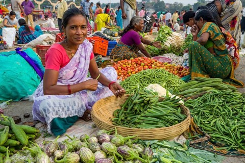 A woman is selling vegetables at the weekly vegetable market