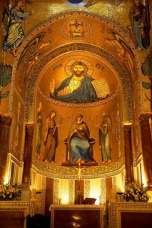 Byzantine mosaics with Christ Pantocrator above the altar at the Palatine Chapel or Cappella Palatina
