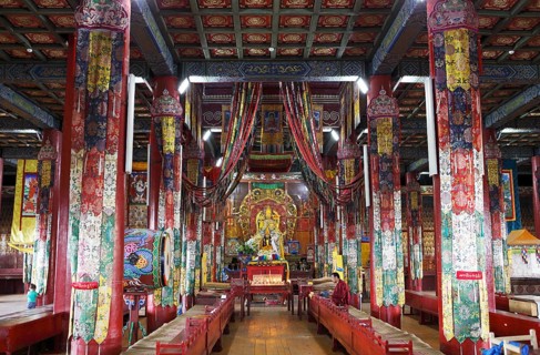 Monk praying in the prayer hall in Amarbayasgalant Monastery