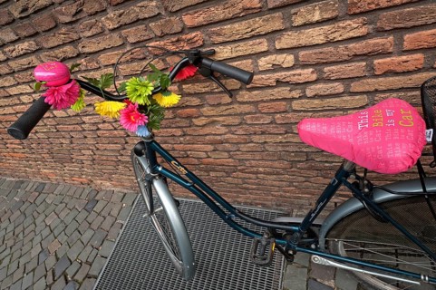 Bike decorated with flowers leaning against a wall