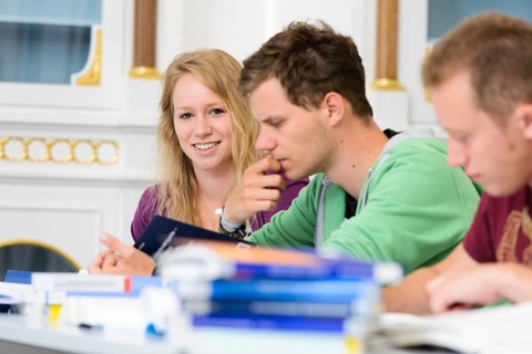 Students studying in the departmental library of the University of Hohenheim in Schloss Hohenheim Palace
