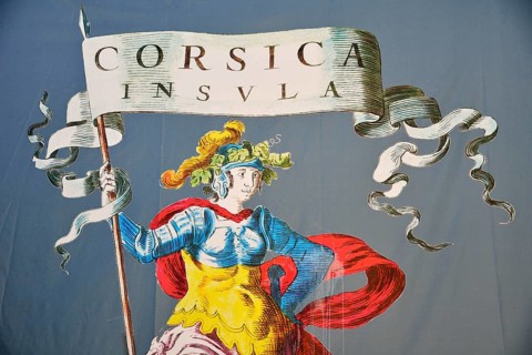 Wall painting of a female figure and a flag with the inscription 'Corsica Insula'
