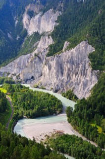 Limestone cliffs at a river bend of the Vorderrhein