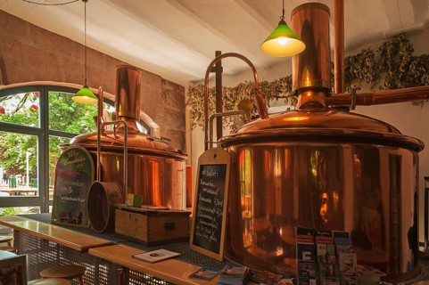 Copper brew kettles in an inn