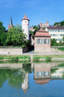 View over the Tauber river on the Roter Turm tower and the Kittsteintor
