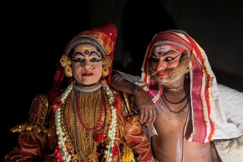 Two Katakali artists with the complete make up of the characters Sathi