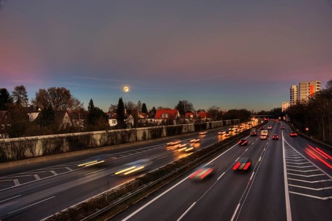 A96 motorway at dusk with light trails of moving cars