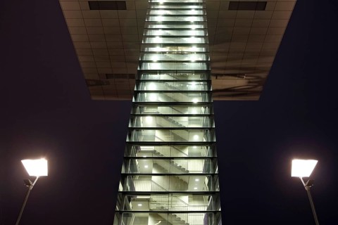 Elevator tower with staircase