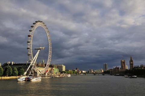 View from the Hungerford Bridge over the River Thames and the London Eye