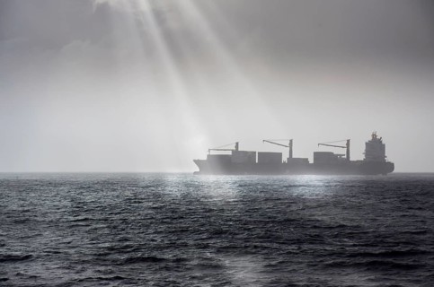 Container ship in bad weather on the high seas off Africa