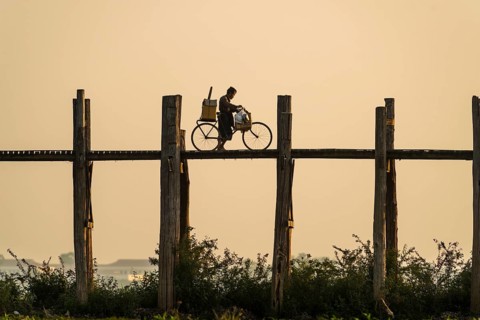 Man with a bike walking on a teak bridge