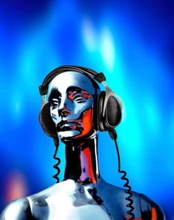 A chrome mannequin wearing headphones