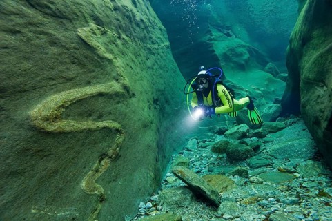 Scuba diver in the Verzasca River