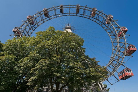 Wiener Riesenrad ferris wheel against a blue sky at the Prater