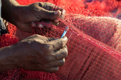 The hands of a fisherman repairing fishing nets