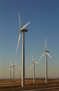 Windmills in the evening light on a wind farm near Sanlucar de Barrameda