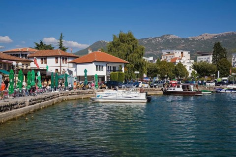 Waterfront and boats moored in Ohrid harbour on Lake Ohrid