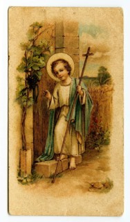 Baby Jesus holding a cross knocking on a door